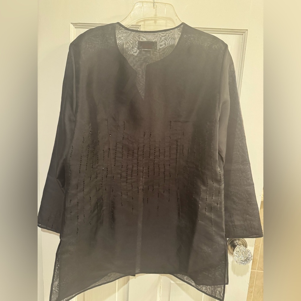 Talbots pure silk sheer Black Women's button down Top size 14 petite